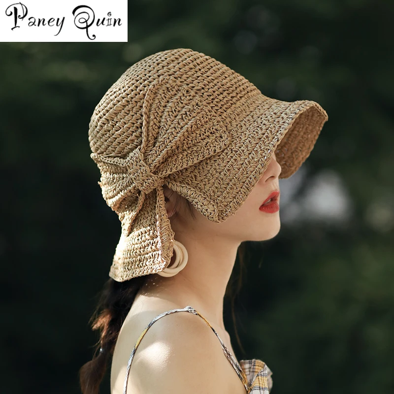Шляпа от солнца из рафии с бантом Женская летняя пляжная Соломенная Панама