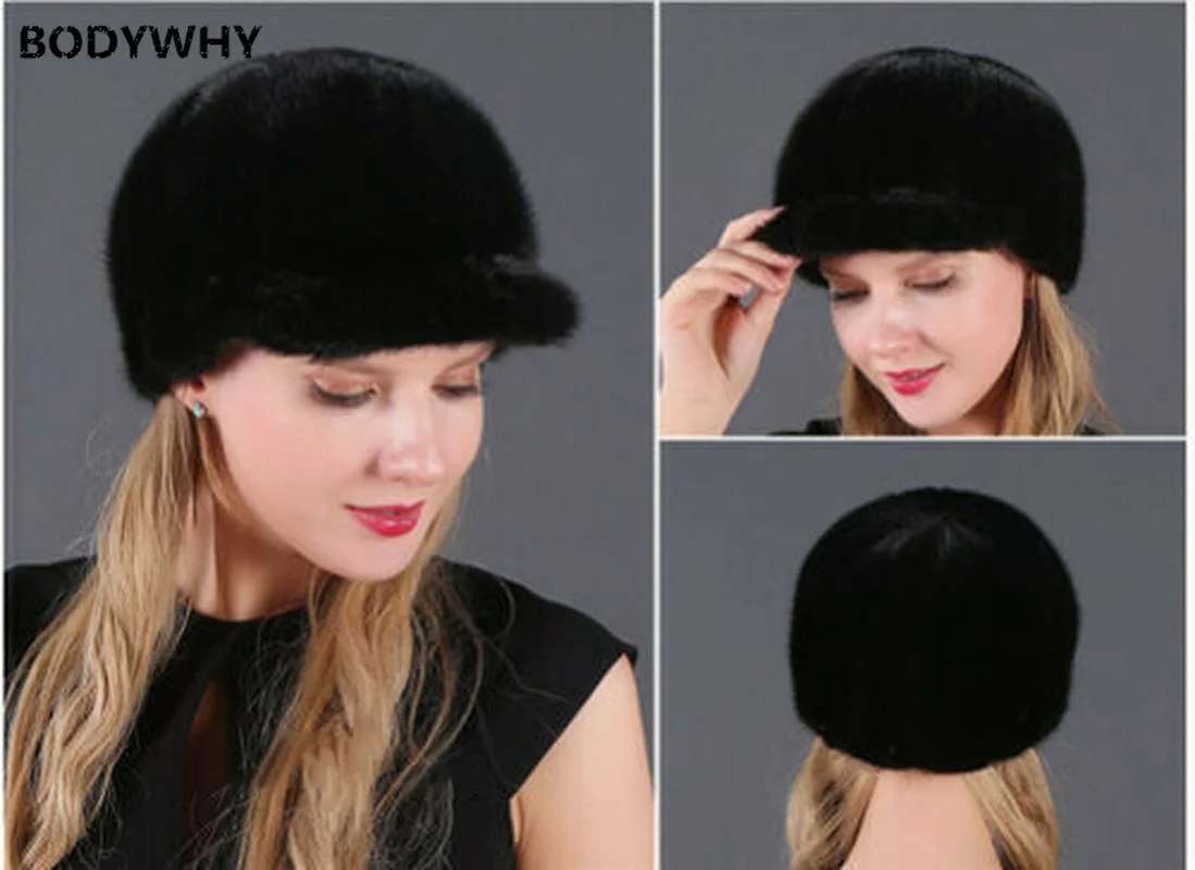 

New Real Black-Mink Fur Hat Ladies Winter Warm Cap Fur Cool Hats for Women Winter Female Warm Snow Caps Girls Elegant Princess