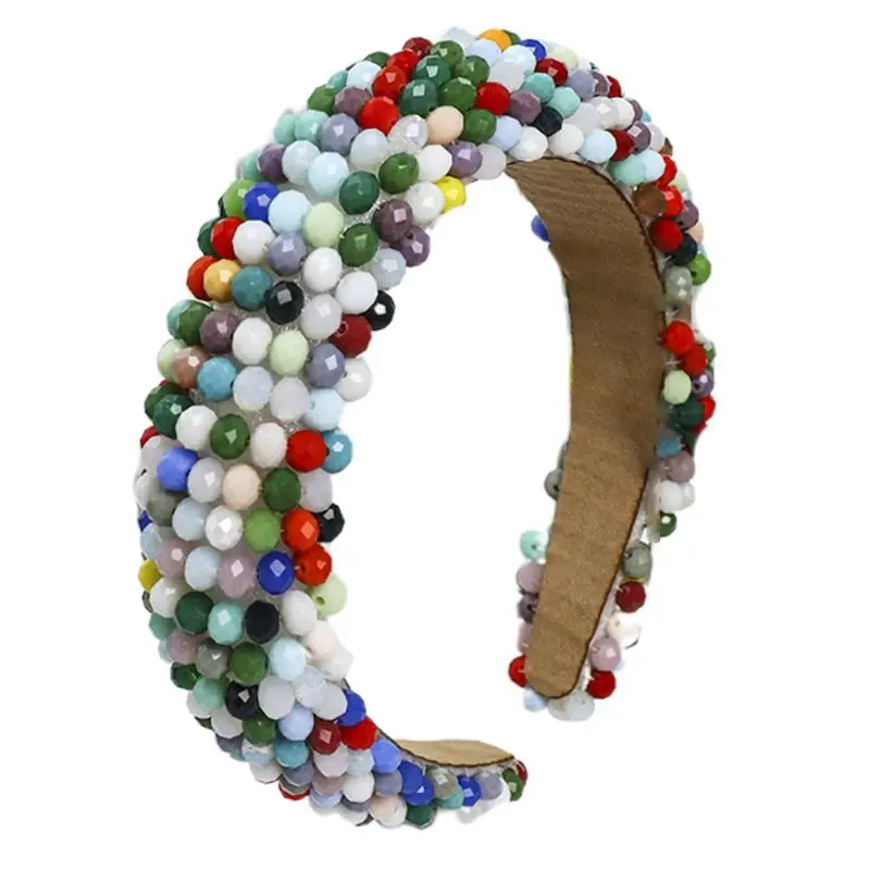 

Women Baroque Jewelry Wide Bandana Acrylic Crystal Beaded Sponge Padded Headband F3MF