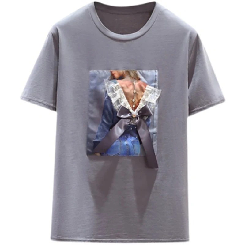 

GGRIGHT Korea White T shirt Women Clothes O-Neck Summer Short Sleeve Appliques Vintage TShirt Tops Casual Black Tee Shirt Femme