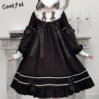 coolfel japanese lolita gothic vintage black bow round collar lace dress girl kawaii cosplay party dresses for girl