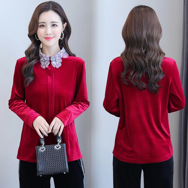 

Spring Autumn Plus Size 5XL 6XL Women's Blouses Velvet Shirts Lady Oversize Casual Long Sleeve Tops Flower Shirt Women Clothing