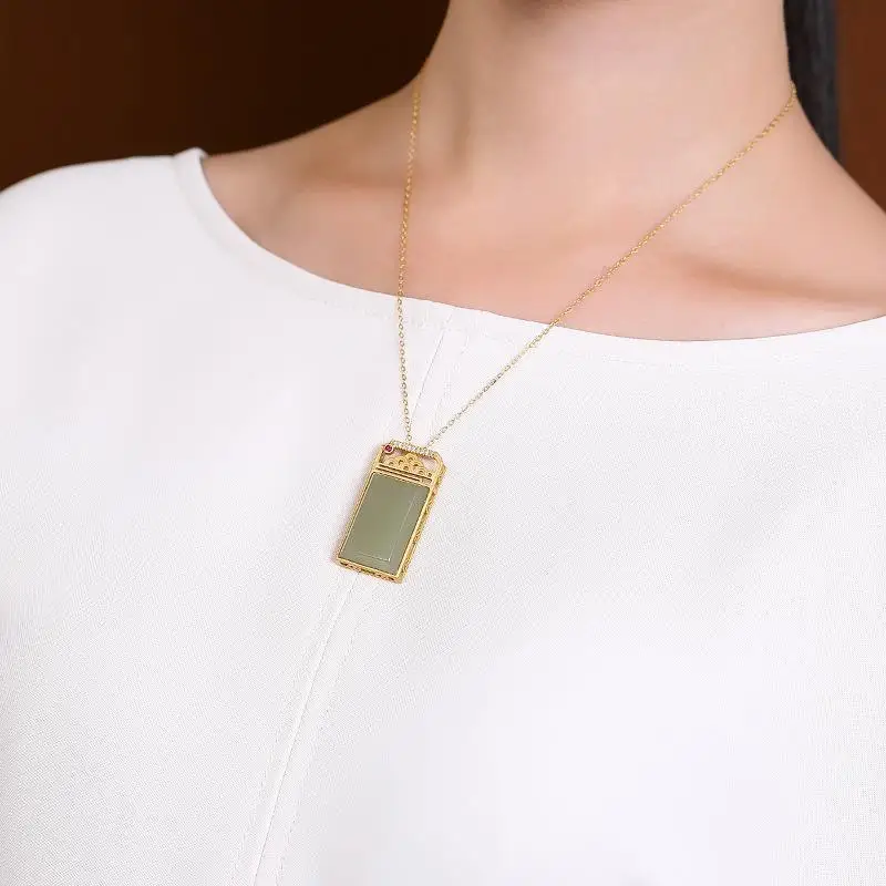 

Original new ancient gold craft hollow inlaid rectangular natural Hetian jade necklace pendant Chinese style jewelry