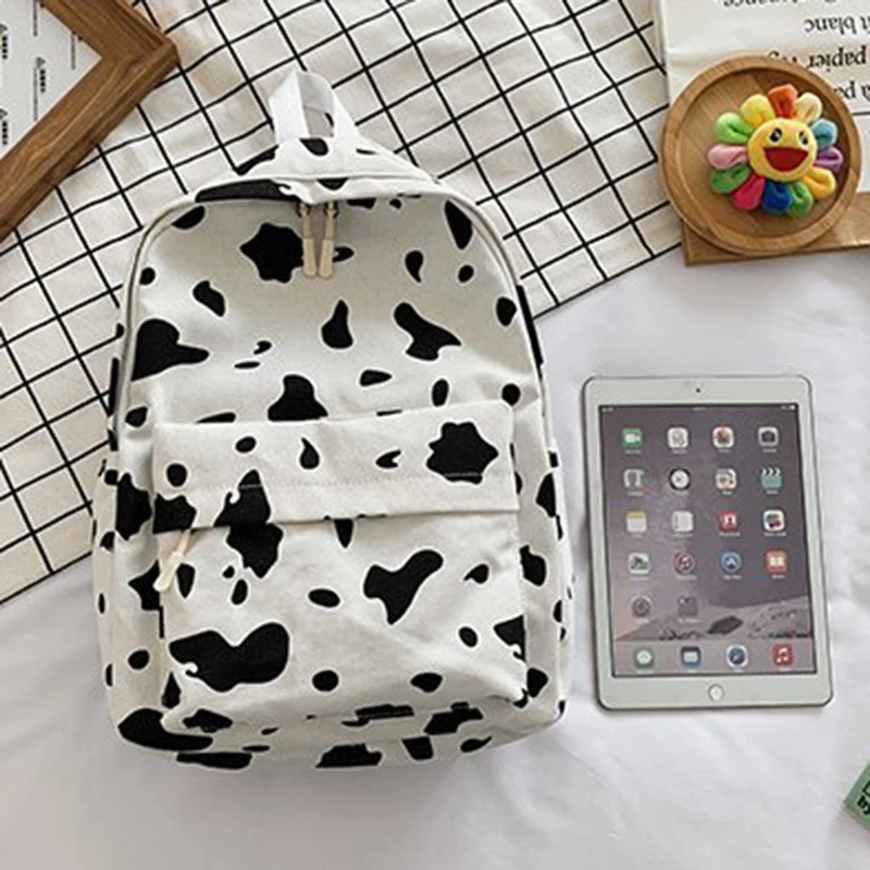 

Women Canvas Backpacks Cow-pattern Lovely Student Ins Harajuku Cute School Bags Korean Style Ulzzang Simple Paneled Backpack New