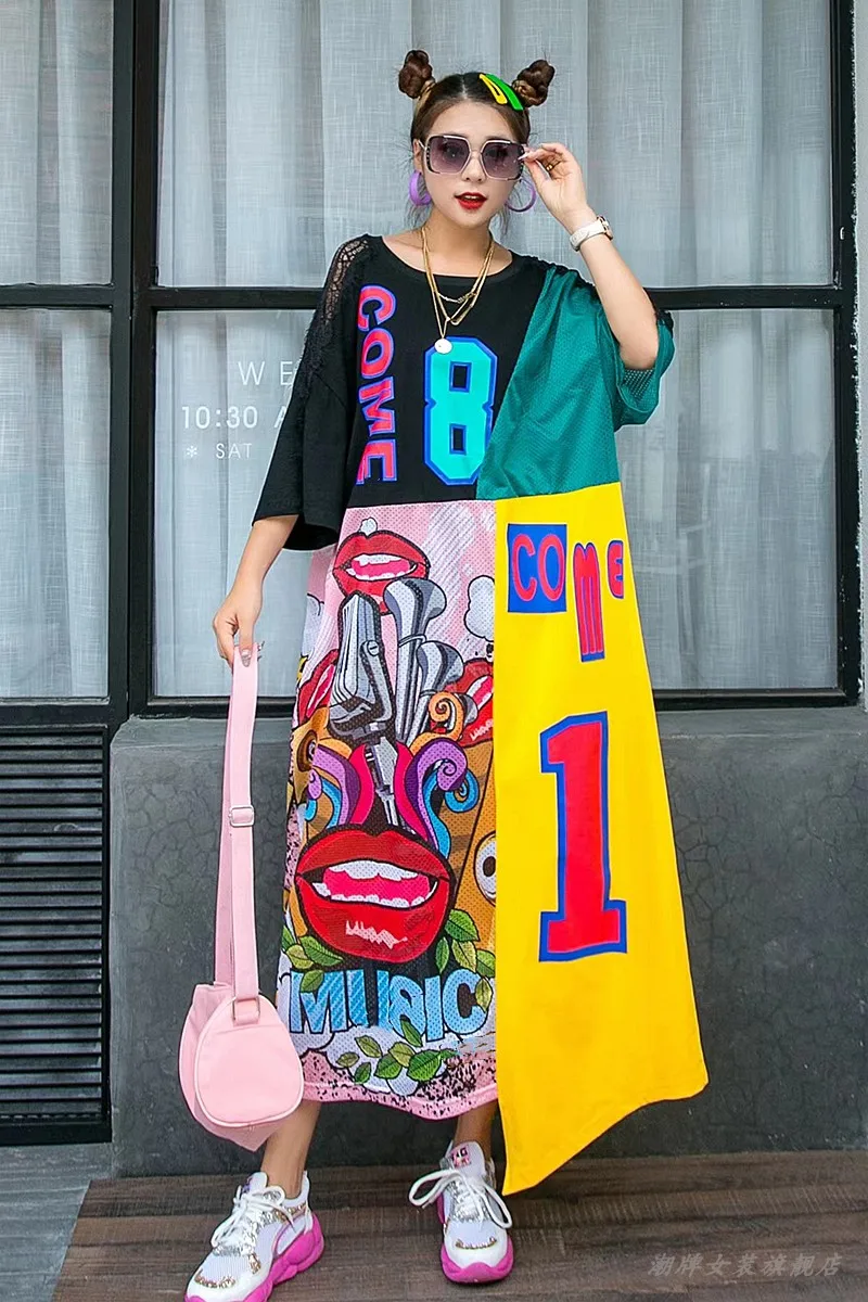 

Graffiti Printing Stitching Mesh Lace Oversized Maxi Dress for Women 2021 Summer Anime Clothes Lady Color Contrast T-shirt Dress