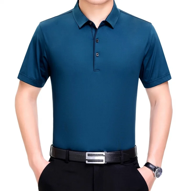 

AKOOSUN 2020 New Polo Shirt Men 100% Silk Summer Clothes Lapel Business Ice Silk shirts Short Sleeve Shirt Solid Color 220