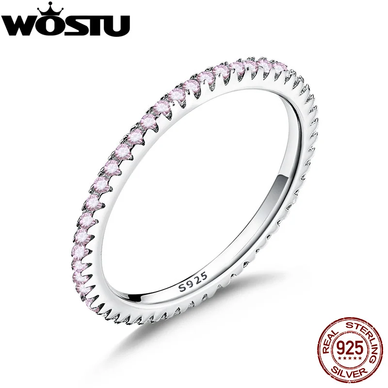 WOSTU Настоящее 925 пробы, серебряные блестящие розовые CZ стекируемые кольца для женщин, обручальные серебряные ювелирные изделия CQR066