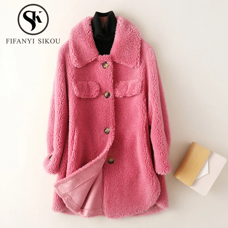 

High quality Women Fur Coat Fluffy Real Sheep Shearing Coats Plush Particles Wool Natural Fur Jacket Overcoat Female Winter Coat