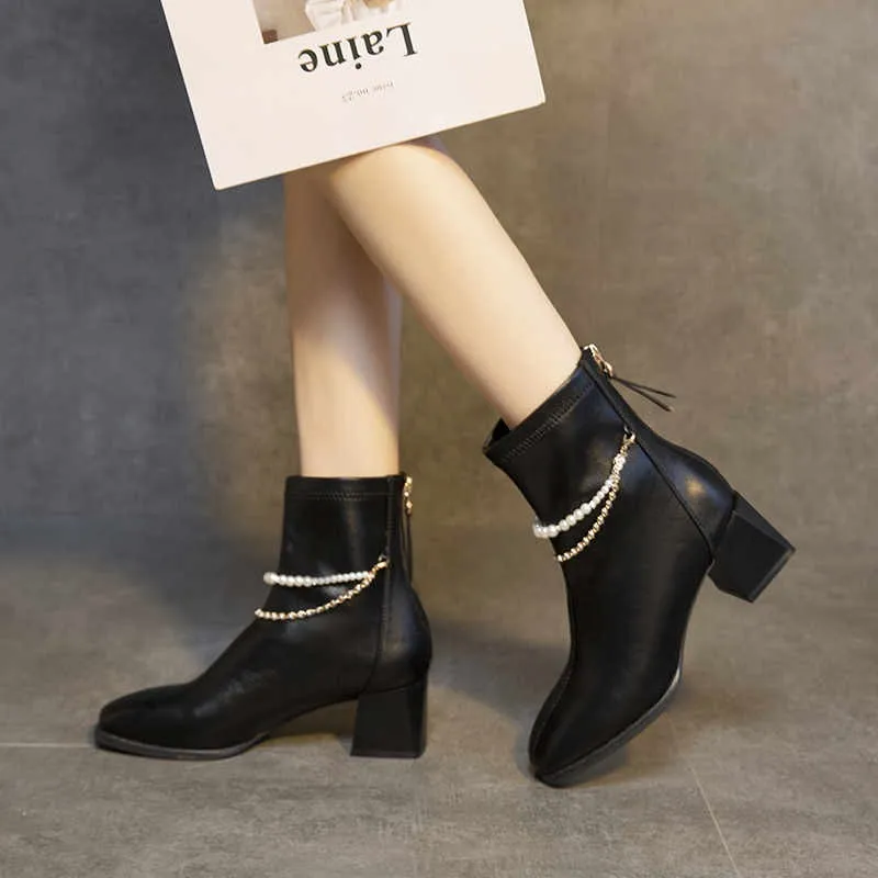 Brand Design Ladies Motorcycle Boots Fashion Lace-up Chain Thick Heel Casual Street Punk Couple Shoes Zapatos De Mujer