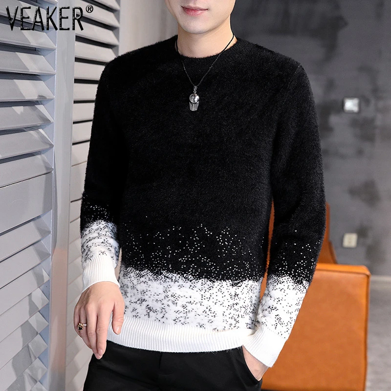 

2020 New Men's Soft Cashmere Sweaters Male Autumn Patchwork O-Neck Warm Fur Velvet Sweater Pullovers M-3XL