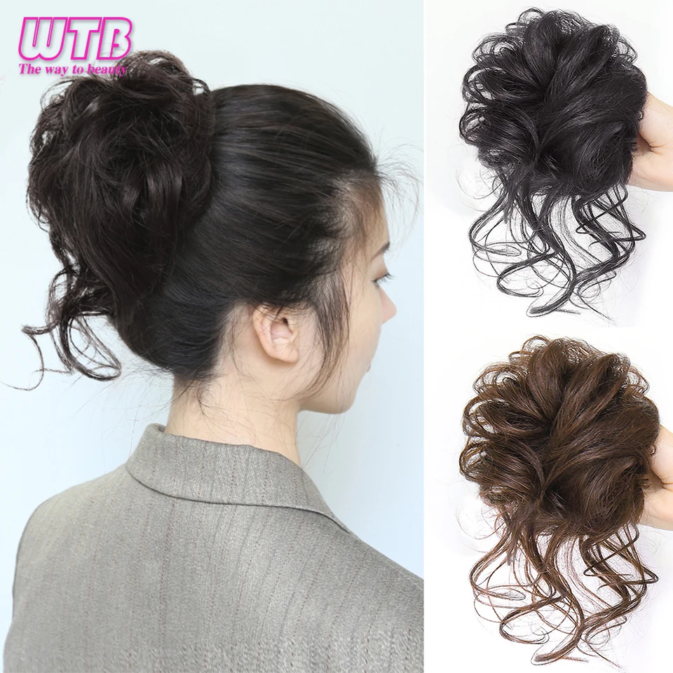 WTB Synthetic Messy Bun Scrunchie Wavy Chignon with Elastic Hair Bands for Women Chignons Black Short Ponytail Hair Extensions