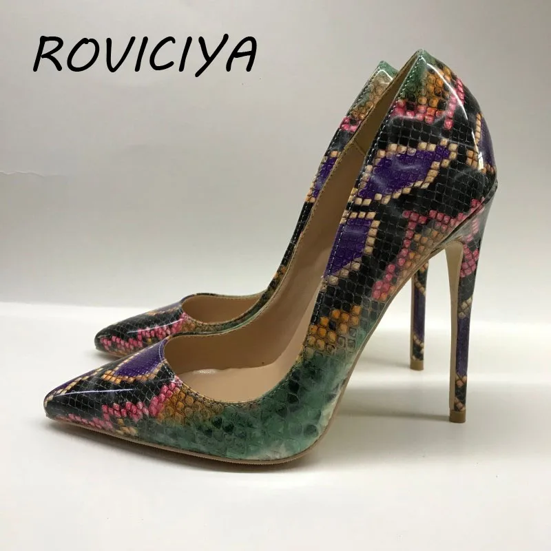 

Snake print sexy 12cm high heel pointed toe shallow high heels 10cm ladies nightclub club party wedding shoes QP070 ROVICIYA