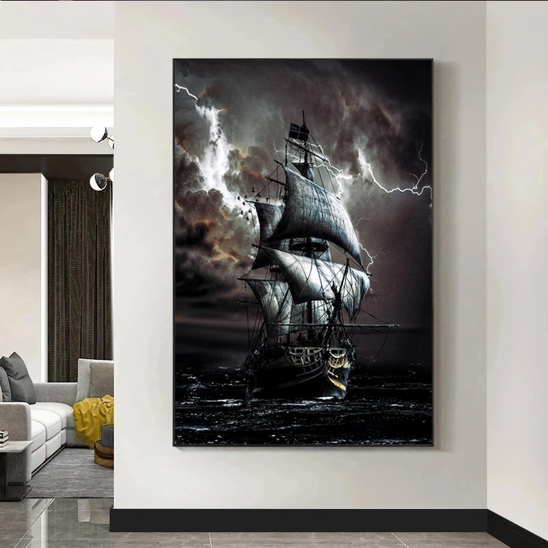 

Pirate Ship At Sea Canvas Painting Black Sailboat Vintage Posters and Prints Vessel Wall Pictures Cuadros for Living Room Decor