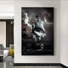 Картина на холсте пиратский корабль в море, винтажные настенные постеры с изображением корабля черного цвета для украшения гостиной
