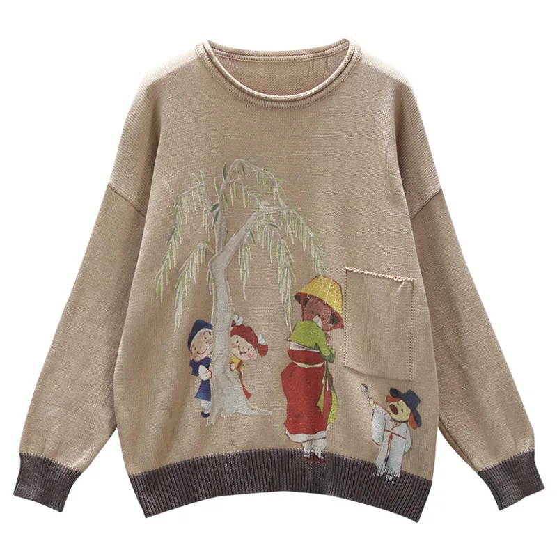 Autumn Sweater Retro Knitting Women Loose Pullovers New 2019 Ladies Tops O-Neck Long-sleeved Print Character Mori girl | Женская одежда