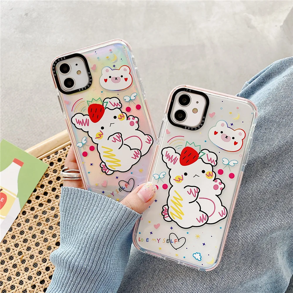 Double-Color Laser Cute Rabbit Soft TPU Funda Para Case For iPhone11Pro Max X XS Fitted Phone Cover iPhone XR 7 8 Plus | Мобильные