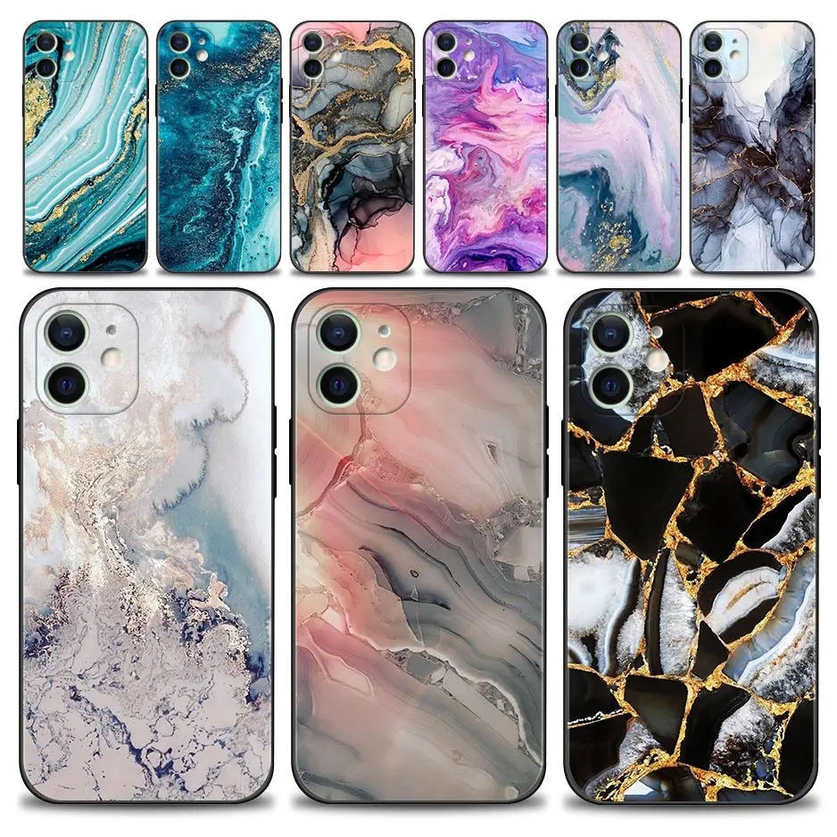 

Phone Case For iPhone 13 12 11 Pro Max XS Max XR X 7 8 Plus 12 Mini 6S 5S SE 2020 Black Cover Silicone Shell Colorfull Marble