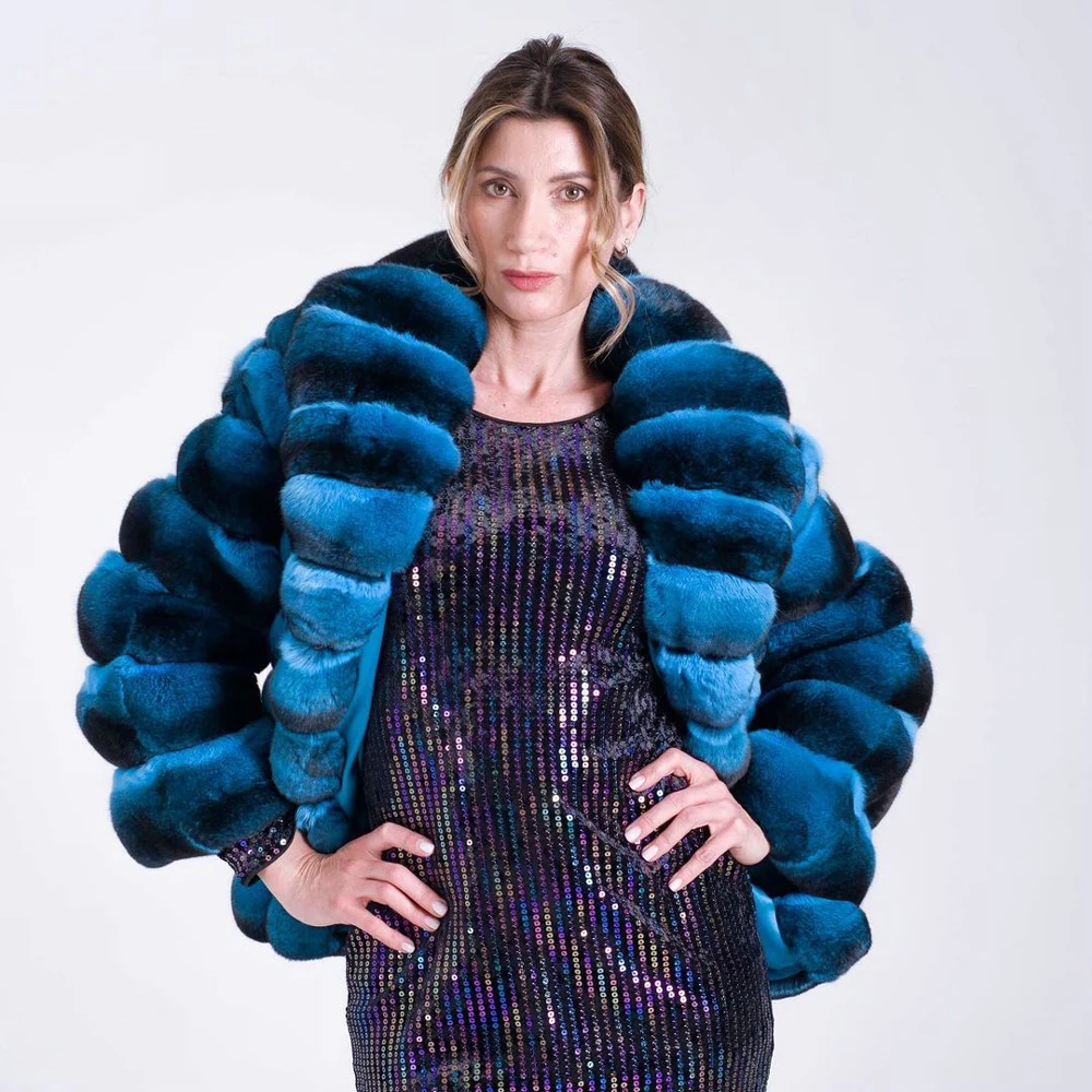 Light Blue Real Rex Rabbit Fur Jacket with Turn-down Collar High Quality 2022 Winter Fashion Rex Rabbit Fur Coats Natural Women