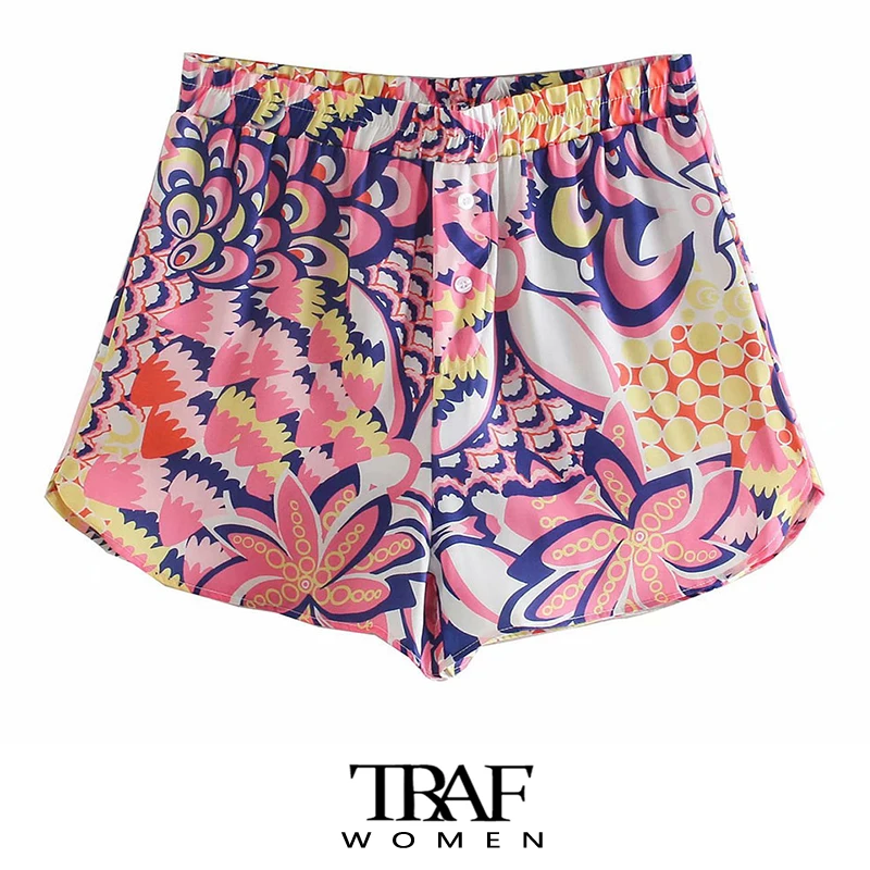 

TRAF Za Women Fashion With buttons Totem Print Bermuda Shorts Vintage High Elastic Waist Summer Female Short Pants Mujer