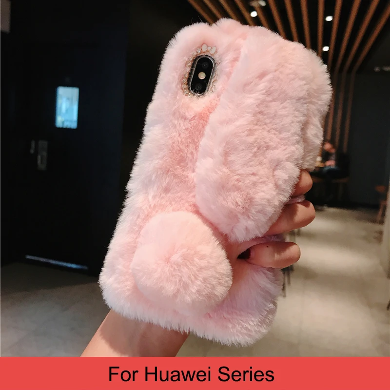 Милый пушистый мягкий чехол для телефона с заячьими ушками для huawei P20 P30 P10 mate 20X Honor 8X9 10 20 Pro Lite Nova 5 4 3 2 Меховой чехол