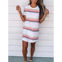 2021 women summer dress fashion stripe print o neck short sleeve girl casual t shirt dress