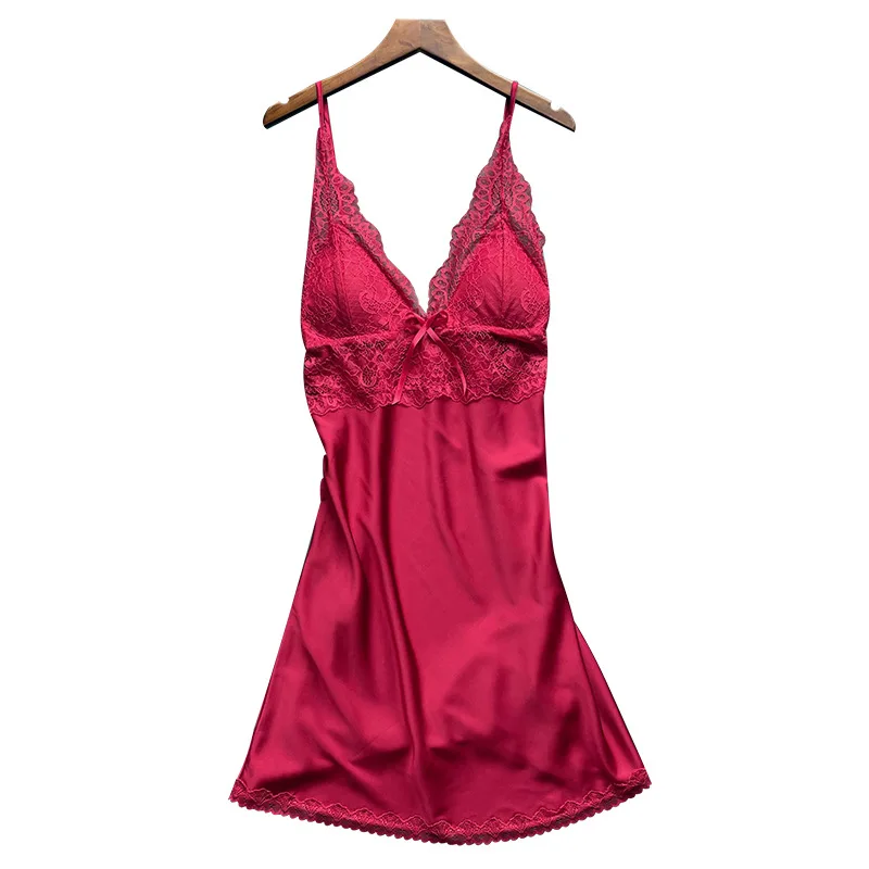 2021 New Nightgown Women's Summer Ice Silk Sling Sexy Nightdress with Bra Embroidered Lace Alluring Home Clothes Nightwear