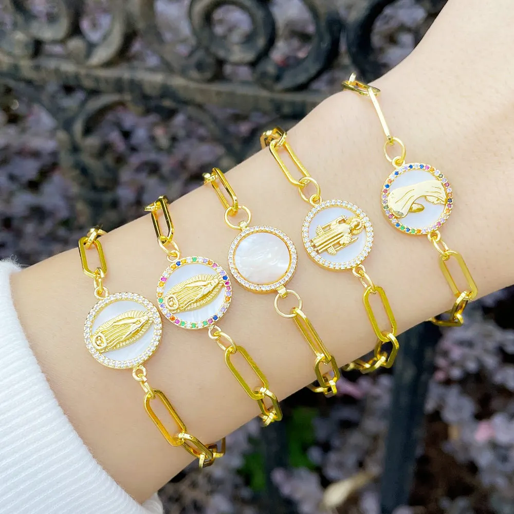 

Round Inlaid Zircon Virgin Mary Bracelets For Women Gold Plated Chain Enamel Shell Charm Bangle Wholesale Christian Jewelry Gift