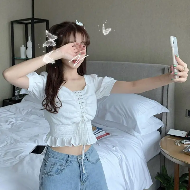 

Girls Hollow Out White Blouse Fashion Sweet Pleated Lace-up Bow Tops and Blouses Casual Puff Sleeve Shirts