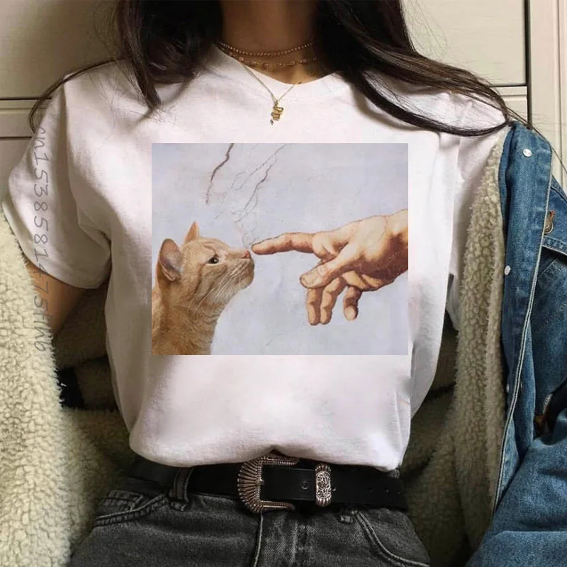 Premium Cat Funny T Shirt Female Hands Casual Michelangelo Fashion T-Shirt Ulzzang Kawaii Women Tshirt Grunge Harajuku Tee Tops
