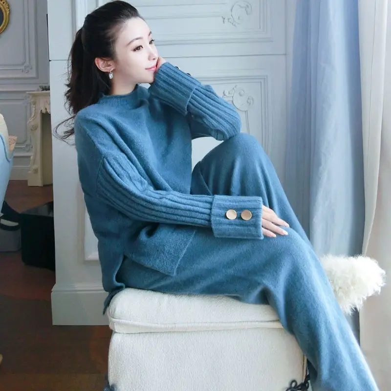 

2 Pieces Set Women Knitted Turtleneck Sweater + Pants Pullover Sweater Set Chic Knitted Outwear Sweater Suit Autumn X36