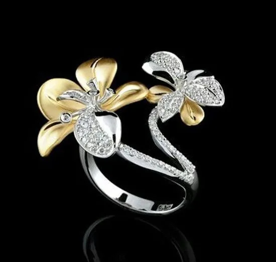 Женское двухцветное кольцо с цветком свадебное кристаллами вечерние ювелирные