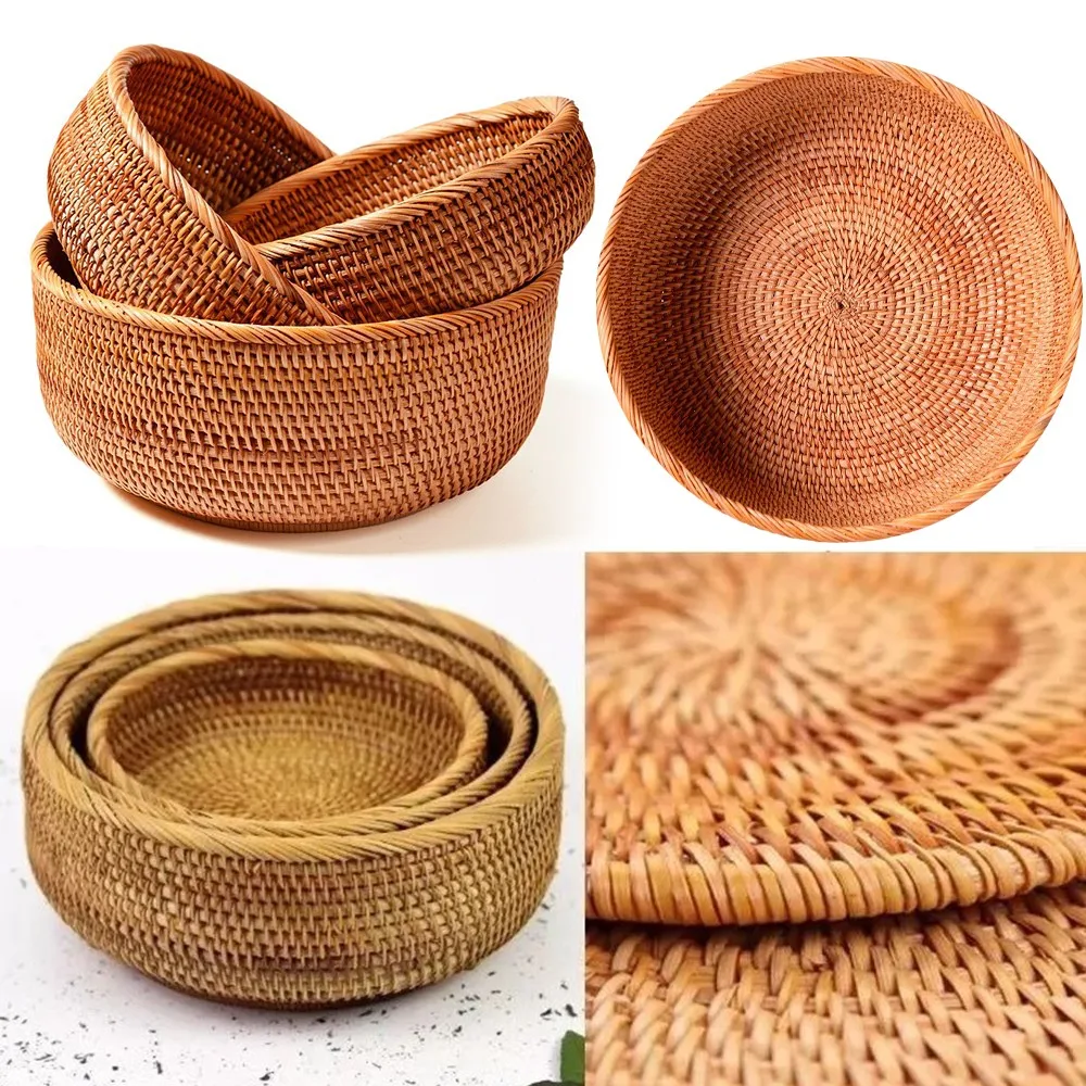 

3PCS/Set Storage Basket Woven Rattan Basket Of Straw Wicker For Home Table Fruit Bread Towels Kitchen Storage Container Set