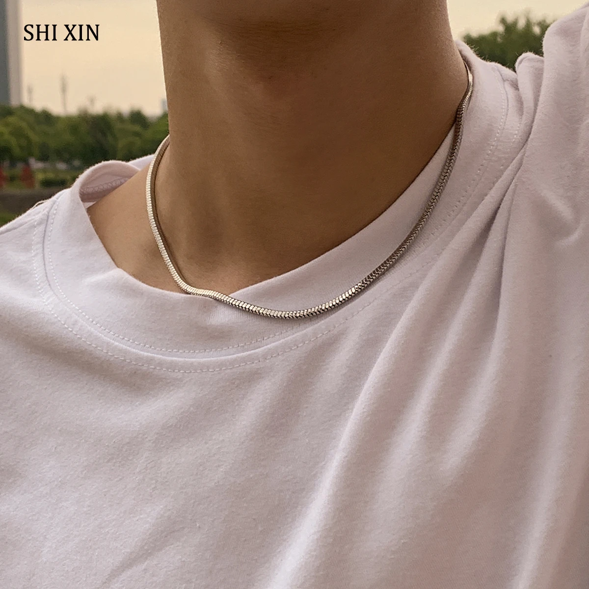 

SHIXIN New Simple Snake Chain Necklaces Men Trendy Silver Color Thin Chains Short Choker Collar Necklaces for Women 2021 Fashion