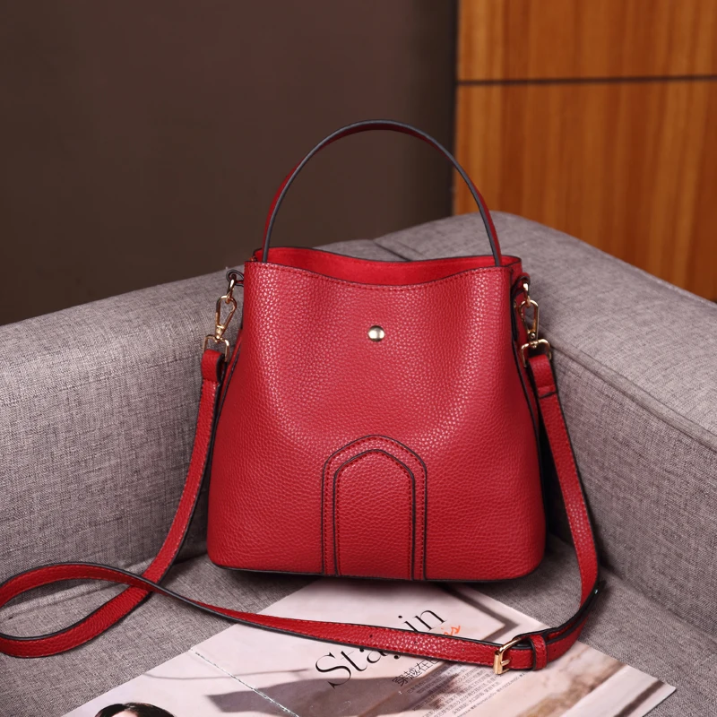 Genuine Leather Handbag Bucket New Korean Version Of The Trendy Fashion Casual Wild Retro Single Shoulder Messenger Handbag Bag
