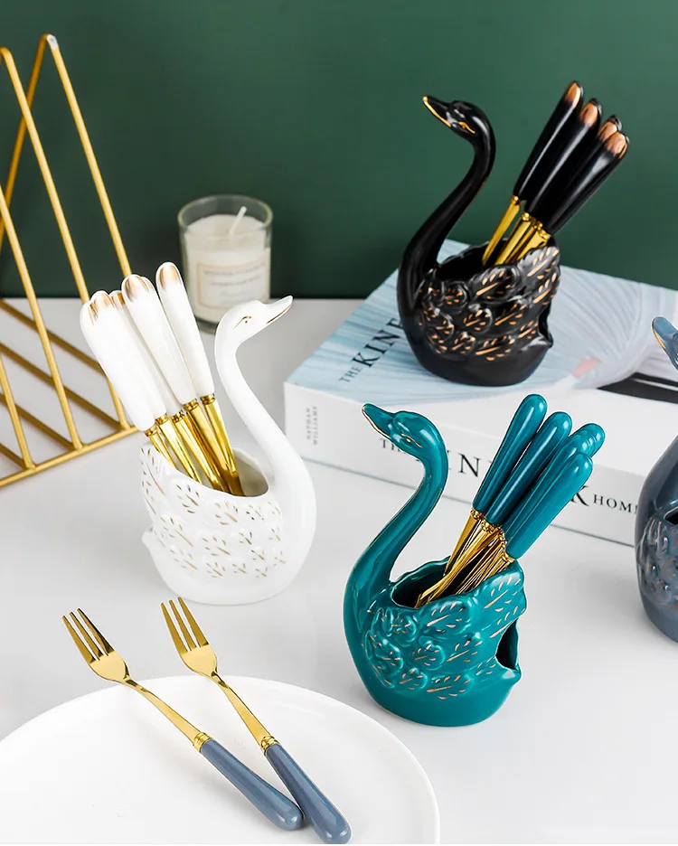 

Creative Light Luxury Swan Fruit Fork Stainless Steel Snack Fork Cake Moon Cake Dessert Ceramic Fork Set
