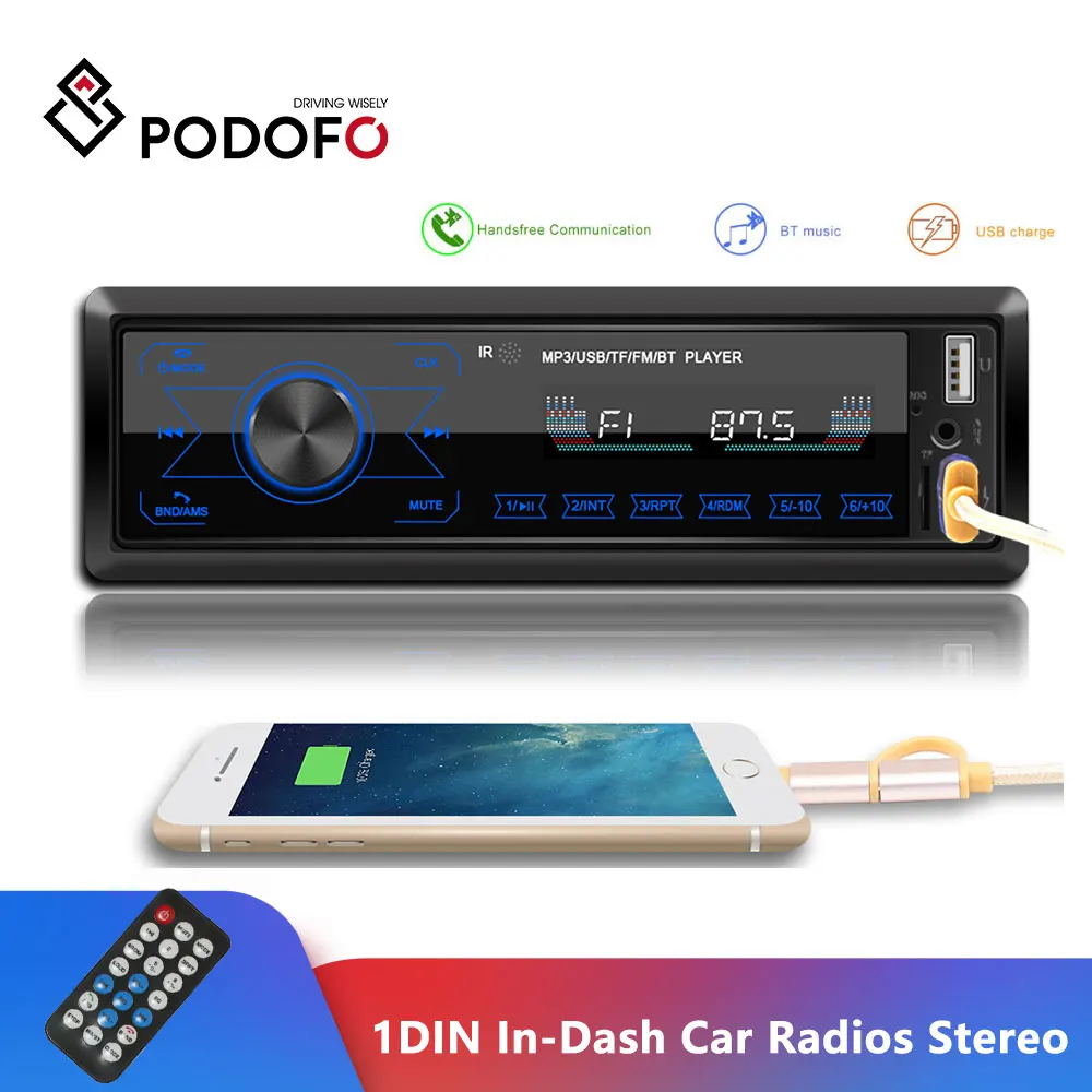 Podofo 1 din Авторадио 12 В автомобильное радио Bluetooth стерео в-тире MP3-плеер Телефон AUX-IN