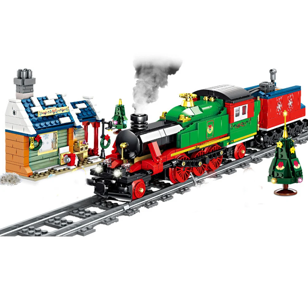

KAZI 98251 rail train winter steam train with light and sound children's building block model toys for children
