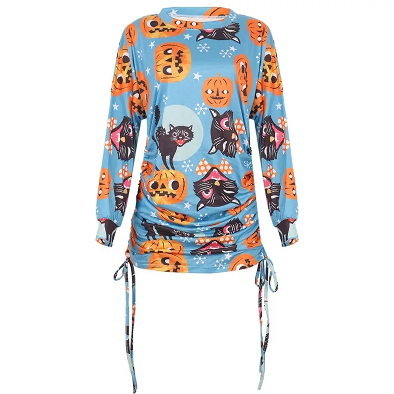 

2020 New Halloween Party Dress Women Side Drawcord Pleated Hip Print Sexy Dress Slim O-Neck Long Sleeve Pencil Bodycon Dress