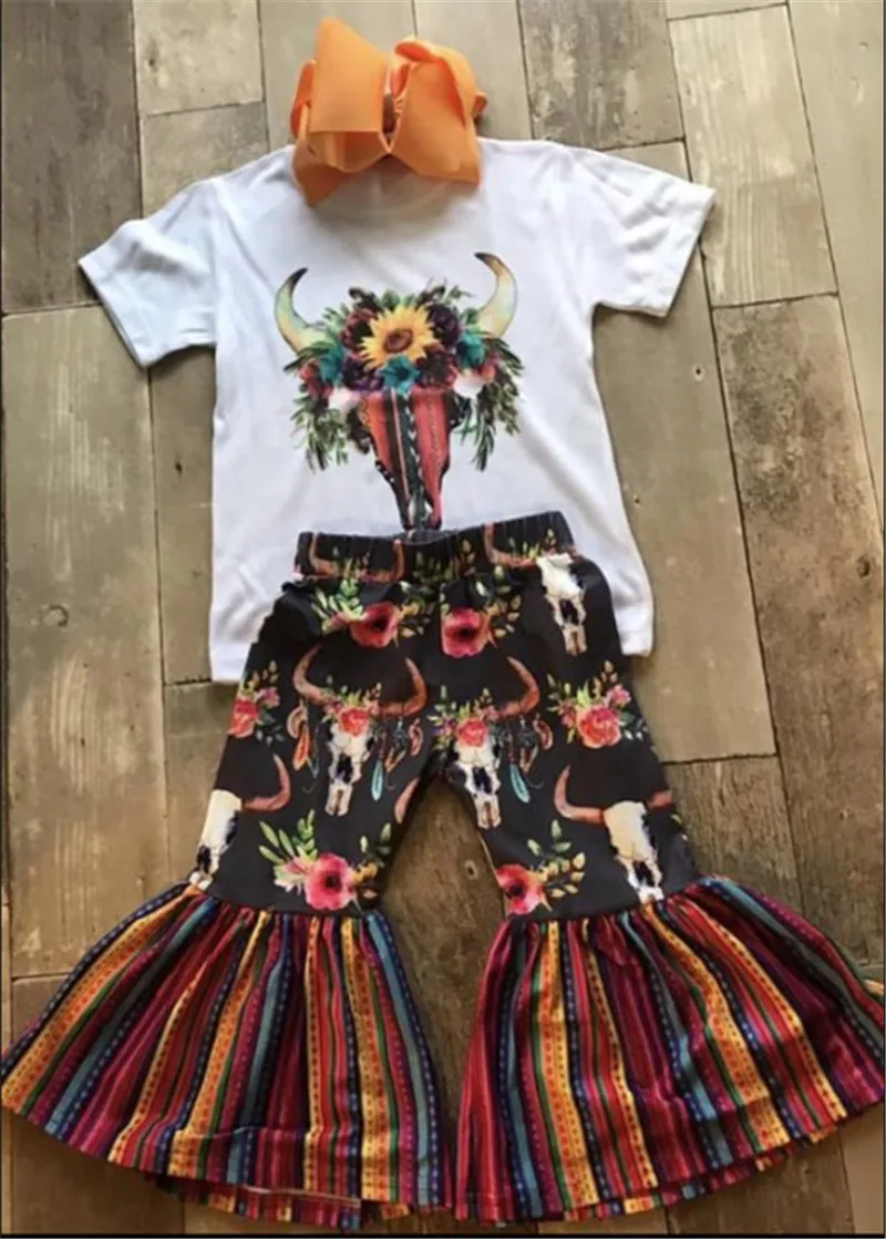 Футболка с цветочным рисунком комплект одежды для маленьких девочек топы в