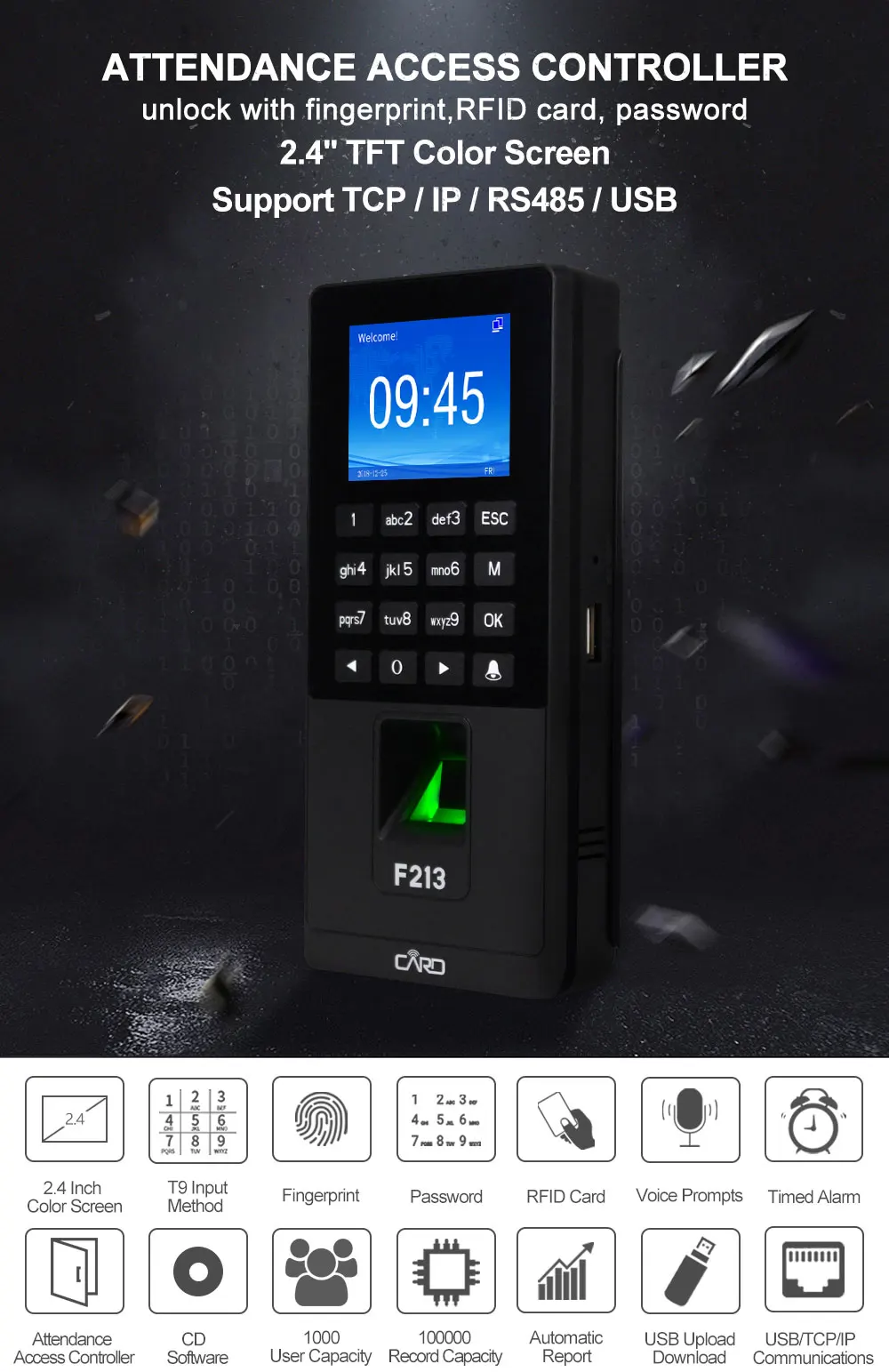 Отпечатков пальцев RFID Клавиатура TCP/IP/USB биометрический контроль доступа системы программного обеспечения времени часы посещаемости машины+ U диск+ 10 брелоков