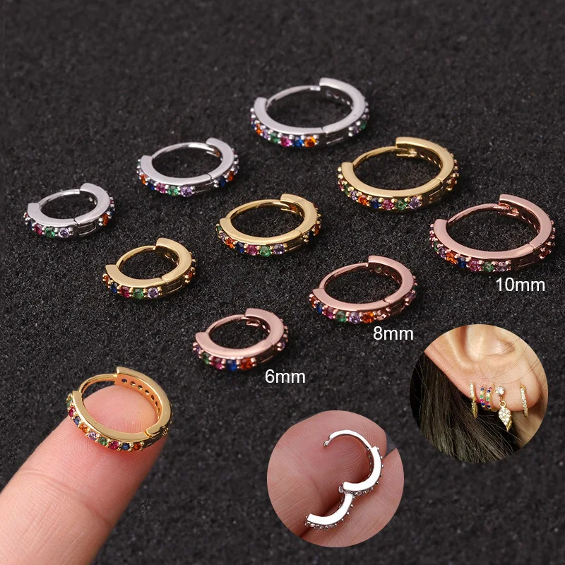 

1pc 6/8/10mm Unisex Colorful Crystal Gold Silver Ear Stud Jewelry CZ Helix Cartilage Earrings Hoop Piercing Ring
