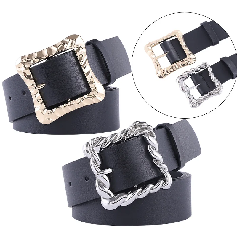 

2021 Bauhinia new fashion black wide belt retro personality combination gold and silver buckle concave shape ladies belt
