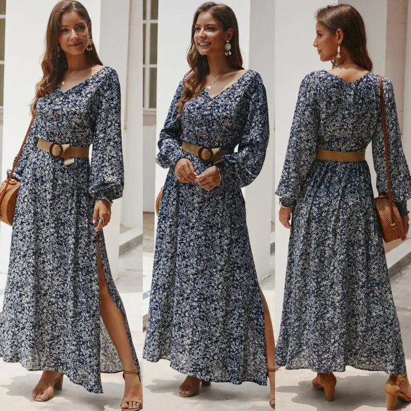 Женские длинные расклешенные рукава осеннее платье в горошек Длинное Макси