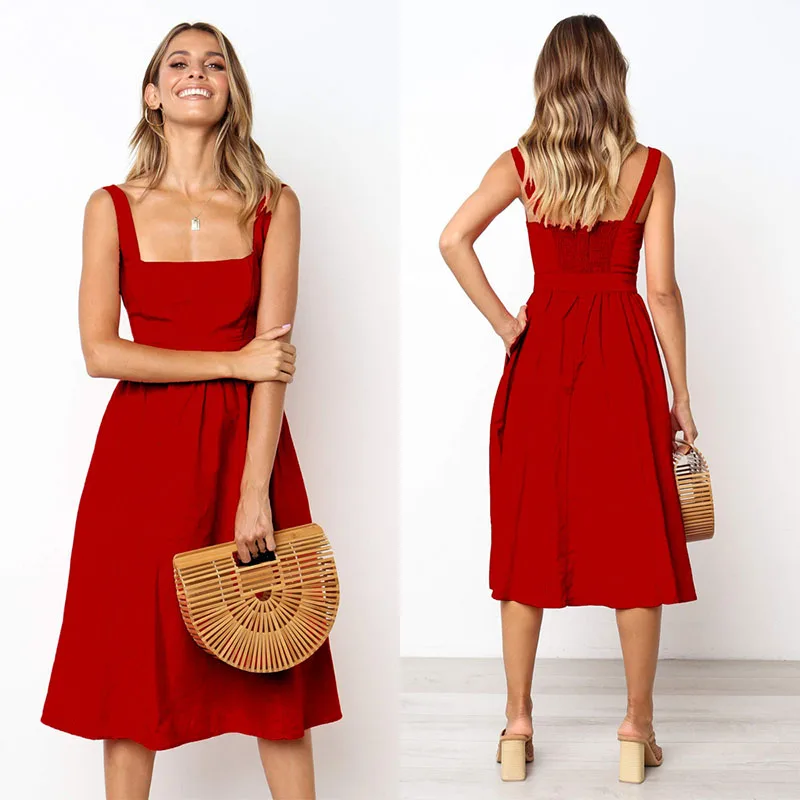 

Casual Women Summer Square collar Dresses 2020 Pure Color Sexy midi Dress Retro Halter Neck Female Long Dress Sundress Female