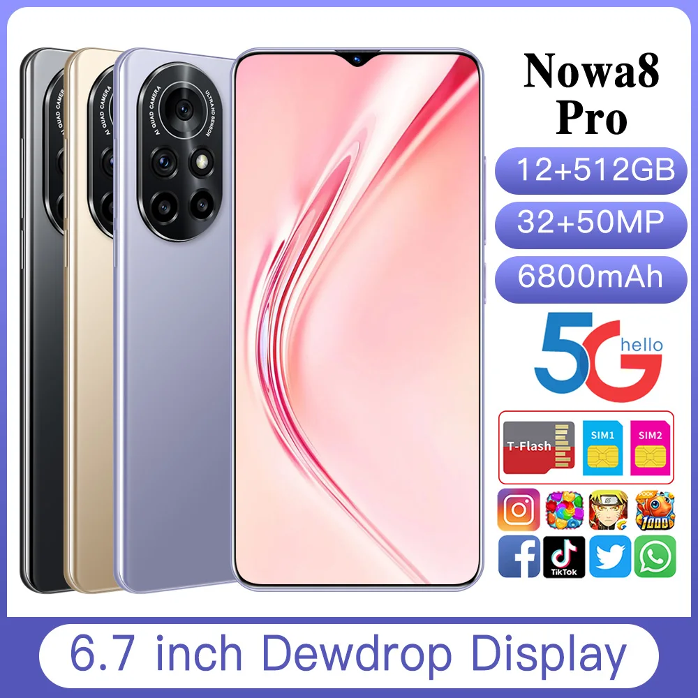 

6.7inch Nowa8 Pro 12 GB 512 GB 32MP+50MP Smartphones Android 11 5G 6800mAh 10 Core Really Telephone MTK6889 Face ID Celular