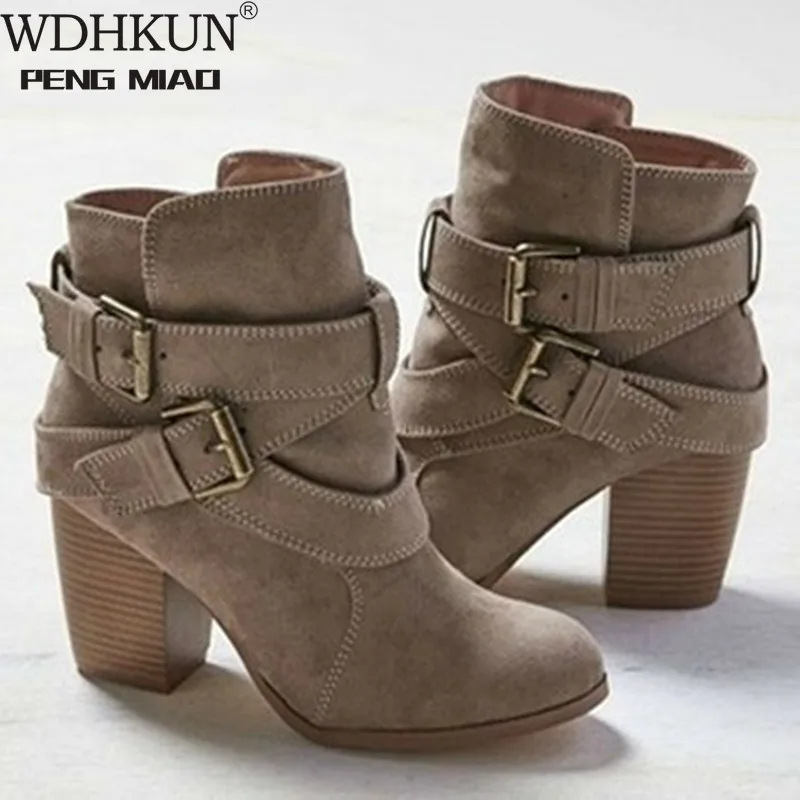 

WDHKUN Europe Style Vintage Women High Heels Ankle Boots Buckle Rubber Casual Ladies Shoes Boots Female Chelsea Boots