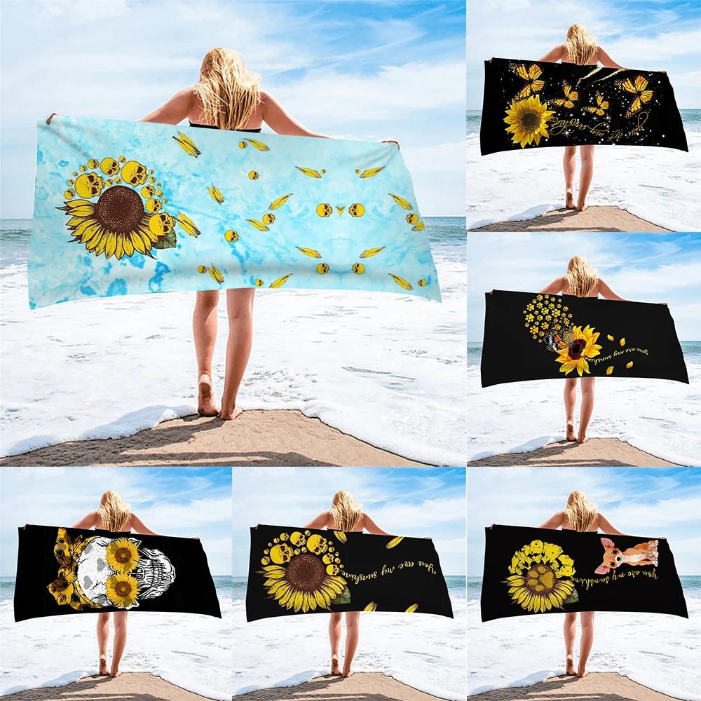

Microfiber Large Beach Towels Skull With Sunflower 3D Print Women Men Quick Dry Pool Swimming Towels Absorbent Bath Toalla