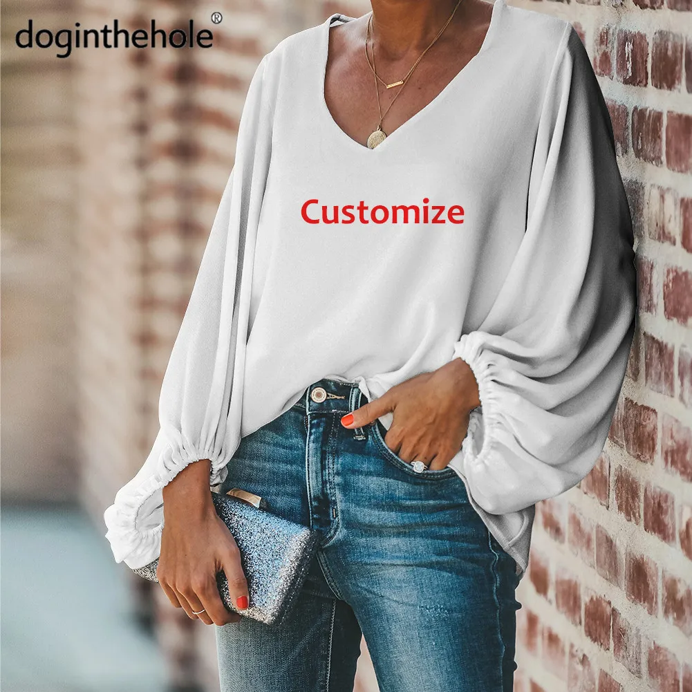 

Doginthehole Women Casual Loose Chiffon Blouse All Printed Customize Clothing Sexy V-Neck Long Sleeve Tunic Tops Chemisier Femme