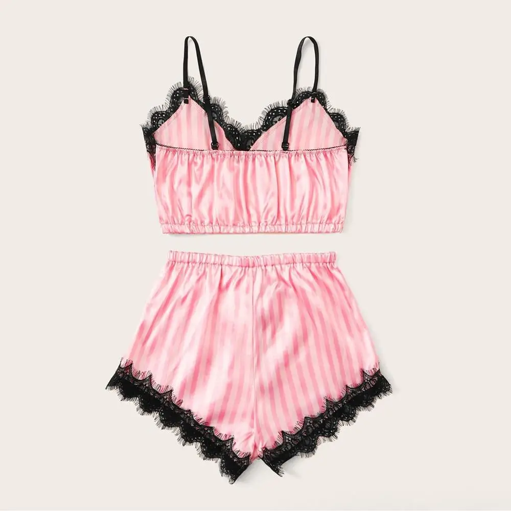 Женская пижама с v-образным вырезом шелк кружево сатин полосатая камисоль