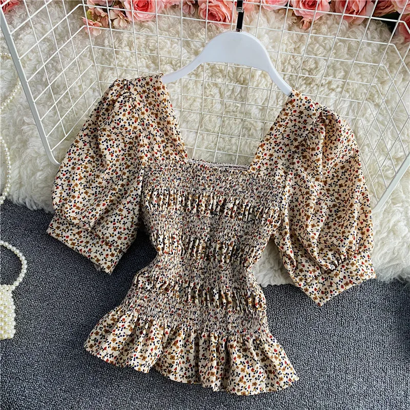 

KUSAHIKI 2021 Spring Summer Floral Chiffon Blouse Puff Short Sleeve Square Collar Women Shirt Korean Slim Short Tops 6E743